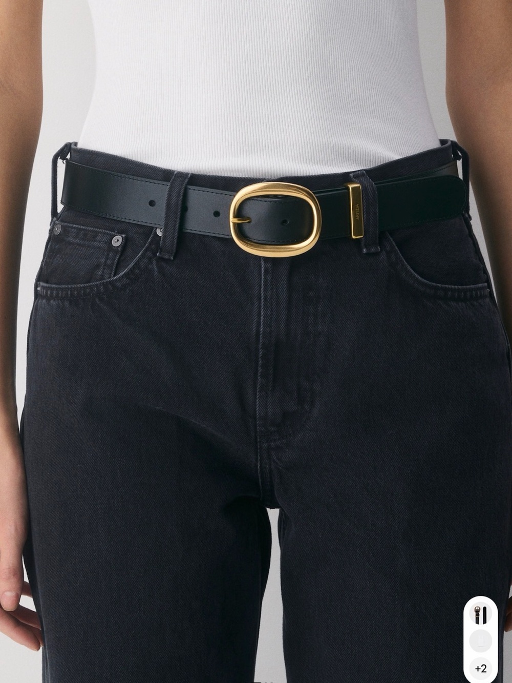 Aritzia Black Leather Belt with Gold Oval Buckle